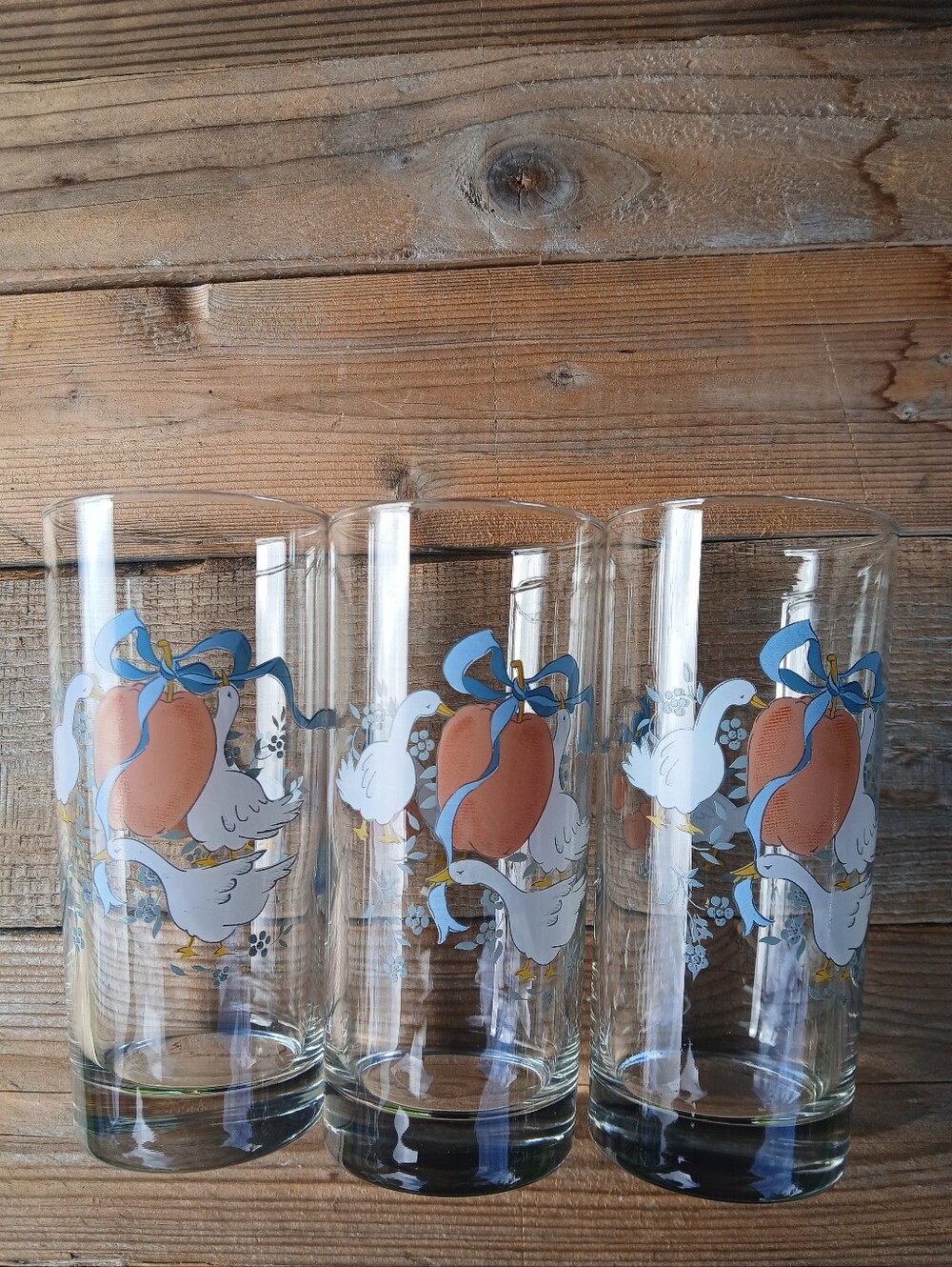 Libbey Glasses with Peach and Blue Ribbon Goose Design